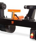 WEN LA3424 12x18 benchtop wood lathe, black with orange tool rest, side view.