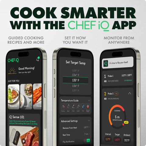 Smart Wireless Meat Thermometer With Two Ultra Thin Probes, WiFi Remote Range, Heat Safe To 1000F, Five Sensors No Guesswork For Maximum Accuracy, Real Time Temps, Rest Reminders, Guided Cooking For Grill, Oven, Smoker And Air Fryer app screens