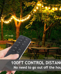 Outdoor Dimmer Switch For String Lights With Remote Control No Fuss Easy Setup showing remote in hand, patio lights on