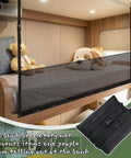 Adjustable RV Bunk Bed Safety Net Heavy Duty Polyester Mesh Guard Rail For Camper Motorhome Trailer With Built Tough Hardware And No Sweat Setup For Upper Bunk Family Protection, shown with plush toys and bunk.