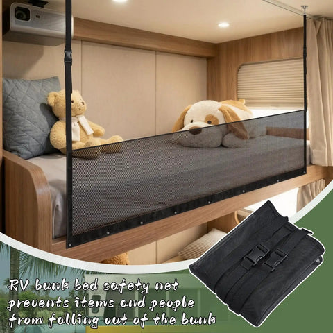 Adjustable RV Bunk Bed Safety Net Heavy Duty Polyester Mesh Guard Rail For Camper Motorhome Trailer With Built Tough Hardware And No Sweat Setup For Upper Bunk Family Protection, shown with plush toys and bunk.