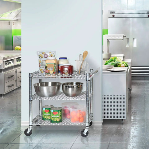 Heavy Duty Metal Rolling Utility Cart With Deep Top Basket And Handle Bar For Restaurant Garage Warehouse Kitchen And Office Workhorse NSF Certified Three Adjustable Wire Shelves 34.8 Inch Wide By 18.25 Inch Deep Cart
