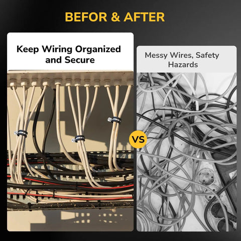 Before and after image using 120 pack cable clamp set with rubber cushioned stainless steel conduit clamps for neat wire routing