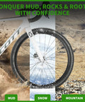 Mountain bike with 2 Pack 24 Inch Foldable Bike Tire Set With Inner Tubes Rim Strips And Tire Levers 8 Piece Kit tires on dirt, snow, mud.