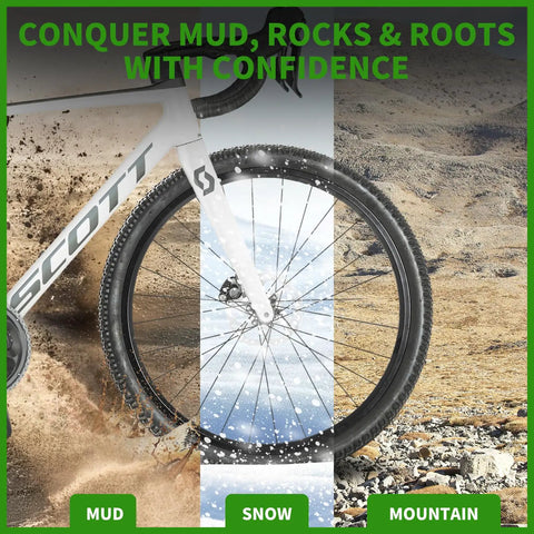 Mountain bike with 2 Pack 24 Inch Foldable Bike Tire Set With Inner Tubes Rim Strips And Tire Levers 8 Piece Kit tires on dirt, snow, mud.