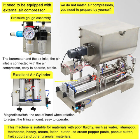 Heavy Duty Horizontal Pneumatic Paste Filling Machine Featuring Dual Nozzles And A Stainless Steel Heating Mixing Hopper Kicking Out Creamy Product Batches Consistently Between One Hundred And One Thousand Milliliters, showcasing pressure gauge assembly and air cylinder.