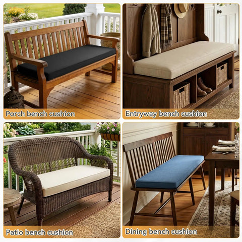 Custom Bench Cushions For Window Seats And Benches With Non Slip Bottom Waterproof Indoor Outdoor Cushions That Stay Put On Any Bench Great For Entryways Patios And DIY Furniture With Custom Size And Color Options in various settings like porch, entryway, patio, and dining.