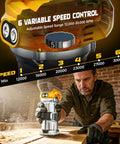 Cordless Wood Router Tool With 800W Brushless Motor Up To 30,000 RPM 6 Speed Settings in use on wood