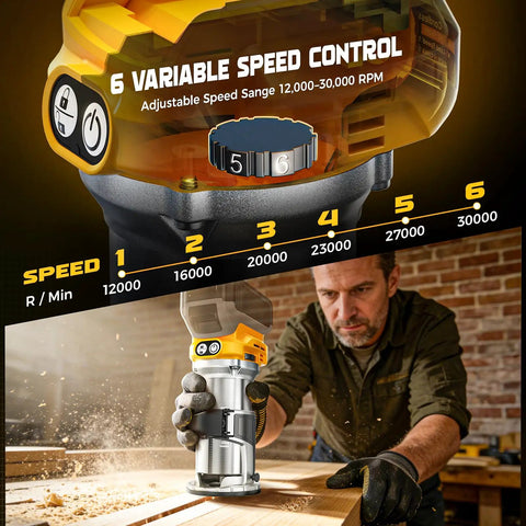 Cordless Wood Router Tool With 800W Brushless Motor Up To 30,000 RPM 6 Speed Settings in use on wood