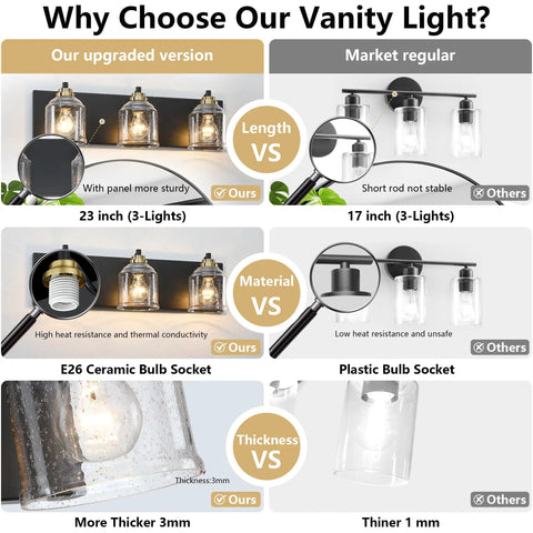 24 Inch Vanity Light With Black And Gold Finish, Three Light Over Mirror Bathroom Fixture With Clear Glass Shade, Modern Brushed Wall Sconce For Dressing Room And Hallway, Lit And Stylish