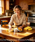Premium Beeswax Wood Polish and Conditioner on a wooden table with a woman polishing furniture using a yellow cloth.
