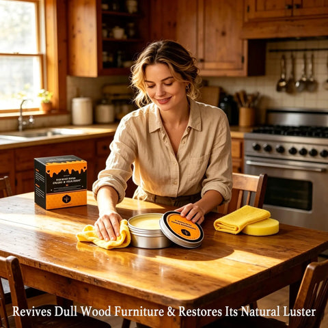 Premium Beeswax Wood Polish and Conditioner on a wooden table with a woman polishing furniture using a yellow cloth.