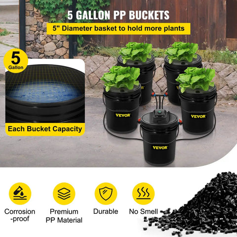 Five Bucket Deep Water Culture Hydroponic Grow System For Indoor And Outdoor Leafy Greens With 5 Gallon Buckets, Efficient Pump