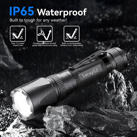 Two Pack Rechargeable LED Tactical Flashlights Ultra Bright 5000 Lumens, 3 Modes, Clip On Design, Waterproof