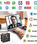 Ultra HD 48MP USB Camera with fast autofocus, connected to laptop displaying video call, compatible with multiple OS platforms