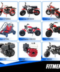 Collage of mini bikes and engines compatible with Exhaust Header Pipe Muffler Replacement for Predator 212 196cc 224cc 6.5HP.