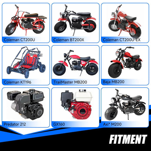 Collage of mini bikes and engines compatible with Exhaust Header Pipe Muffler Replacement for Predator 212 196cc 224cc 6.5HP.