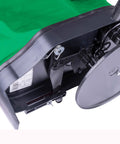 Close-up of Hand Held 25 Pound Bag Seeder Spreader for Lawn Care, showing mechanism and weatherproof 600D nylon bag.