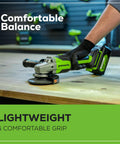 Person using 24V Brushless Cordless Angle Grinder With 4Ah USB Power Bank Battery And Charger 4.5 Inch Disc Aluminum Gearbox Spindle Lock And 10500 RPM for quick cuts.