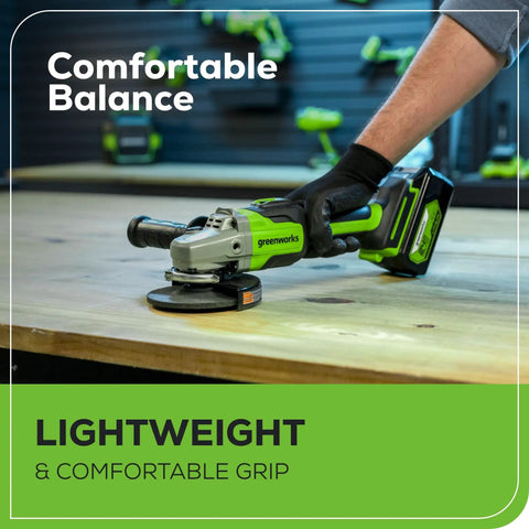 Person using 24V Brushless Cordless Angle Grinder With 4Ah USB Power Bank Battery And Charger 4.5 Inch Disc Aluminum Gearbox Spindle Lock And 10500 RPM for quick cuts.