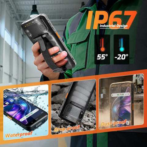 Q900 Android 14 Handheld Barcode Scanner Mobile Computer with Honeywell HS7 Engine showing IP67 durability features