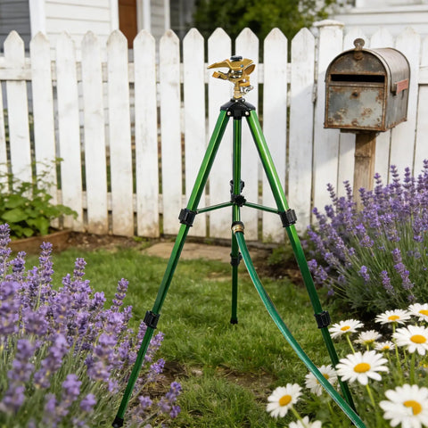 Impact Sprinkler On Tripod For Yard And Garden Heavy Duty 360 Degree Rotating Sprinkler With Zinc Head In Garden Setting