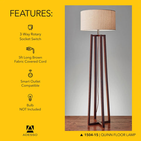 Walnut Birch Wood Floor Lamp With Natural Linen Drum Shade Three Way Dimmable Light For Bedroom And Living Room Modern Minimalist Crisscross Base 60 Inch Tall Cozy Vibe For Home Decor with crisscross design on yellow background