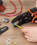 Using Nine Piece Ratcheting Crimping Tool Set with Seven Interchangeable Dies and Wire Stripper for solar connectors