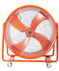 Smooth Rolling Industrial Drum Fan Cranking Out Serious Airflow To Crush Heat And Clear Smoke Quick 15000 Cfm motor shown in orange steel frame.