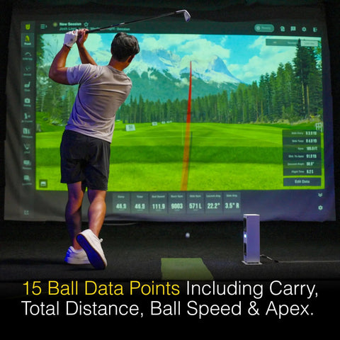 Golfer using Eye Mini Core Golf Launch Monitor And Simulator With Real Time Tracking And Near Zero Latency, Dimple Optix setup
