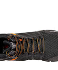 Top view of Radius Mid Composite Safety Toe Industrial Athletic Work Shoe for Men with breathable mesh, black orange, size 15W.