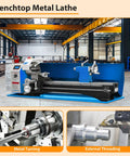 Top Tier 8 By 30 Inch Mini Precision Metal Lathe Machine With 750 Watt Variable Speed Control And Digital Display Readout in workshop.