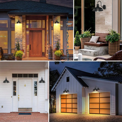 Collage of Two Pack Dusk To Dawn Outdoor Wall Sconces for porch, garage, and exterior areas, vintage farmhouse style in matte black.