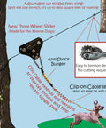 Xtreme Trolley Anti Shock Aerial Dog Runner With Heavy Duty Pulley System installed on tree with dog below, anti-shock bungee visible, 150ft length.