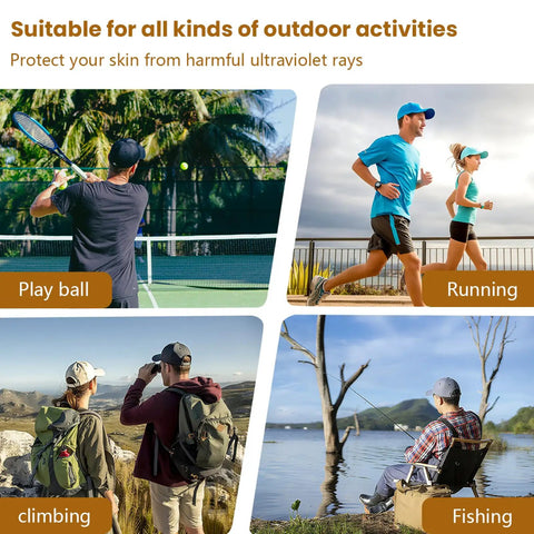 Collage of outdoor activities with people playing tennis, running, hiking, and fishing, all wearing caps under the sun.
