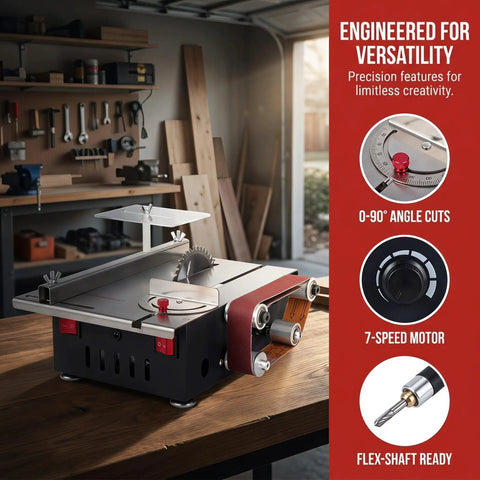 Rock Solid Mini Table Saw And Belt Sander Combo Featuring 200 Watt Copper Motor With Seven Speed Gears And Zero To Ninety Degree Tilt Base for precise garage use.