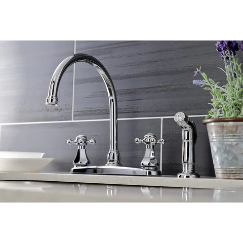 Metropolitan Two-Handle Centerset Kitchen Faucet With Side Sprayer in Polished Chrome on kitchen counter