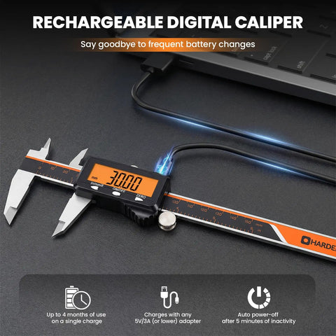 Rechargeable Digital Caliper With Type C Fast Charge And Auto Off, showing large orange screen and millimeter readout.