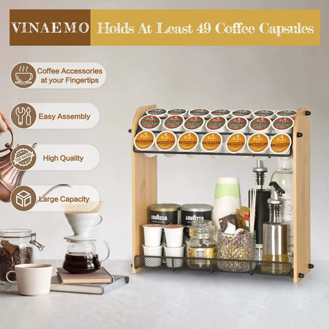 Large Capacity K Cup Holder And Coffee Pod Organizer In Natural Bamboo shown stocked with various coffee pods and accessories.