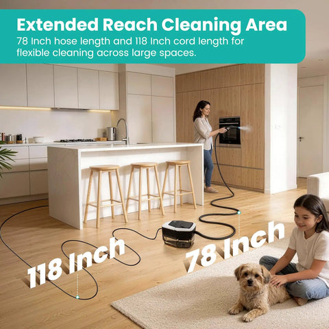 Supercharged Portable Handheld Steam Cleaner With Lightning Fast Fifteen Second Heat Up that shows extended 78 inch hose and 118 inch cord.