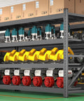 Legit Heavy Duty 4 Tier Steel Shelving Rack 59 By 59 Inches Built To Handle 6400 Pounds For Garage Storage Featuring adjustable bays with various tools.