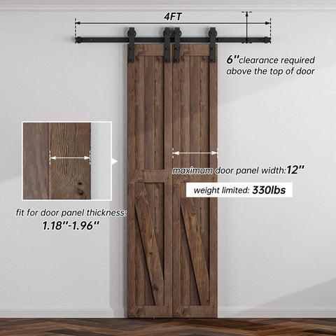 Four Foot Sliding Barn Door Hardware Kit For Double Doors installed showing carbon steel track, fits 1.18-1.96 inch doors, 330 lbs load.