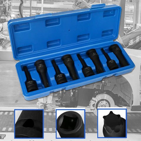 Eight Piece Impact Torx Socket Set With One Half Inch Drive Cr-Mo Steel Bits T30 Through T80 In Case, open box view