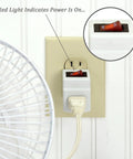 Three Prong Grounded Single Port Power Adapter with Indicator Light On Off Switch for Easy Energy Saving No Brainer for Gadgets Without Built In Power Switches 1 Pack plugged into wall outlet showing red light indicator with fan cord attached
