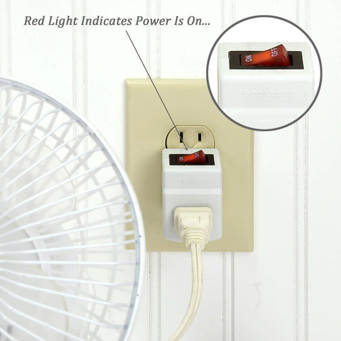 Three Prong Grounded Single Port Power Adapter with Indicator Light On Off Switch for Easy Energy Saving No Brainer for Gadgets Without Built In Power Switches 1 Pack plugged into wall outlet showing red light indicator with fan cord attached