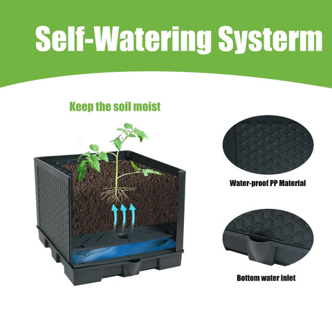 Cross-section view of Two Pack Raised Garden Bed Planter Box With Trellis For 44 Inch Tomato Trellis And Climbing Plants, showing water reservoir