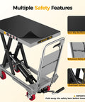 Heavy Duty Hydraulic Lift Table Cart With 1100 Lb Capacity showing safety features like non-slip mat and overload safety bar.