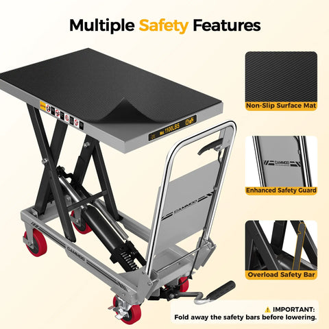 Heavy Duty Hydraulic Lift Table Cart With 1100 Lb Capacity showing safety features like non-slip mat and overload safety bar.