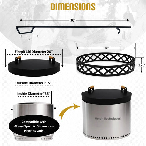 Dimensions of Smokeless Fire Pit Accessories Set For Outdoor Hangouts And Backyard Chill, 17in steel base, 20in lid, 36in poker