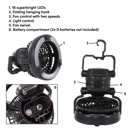 Two Person Dome Tent And Hanging LED Lantern Fan Camping Gear Set with 18 LED lights and swivel fan